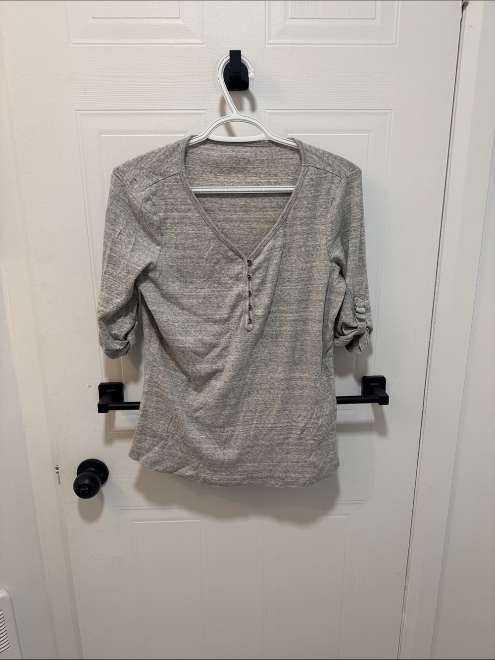 Denver Hayes Light Gray Henley Roll-Tab Long Sleeve Top